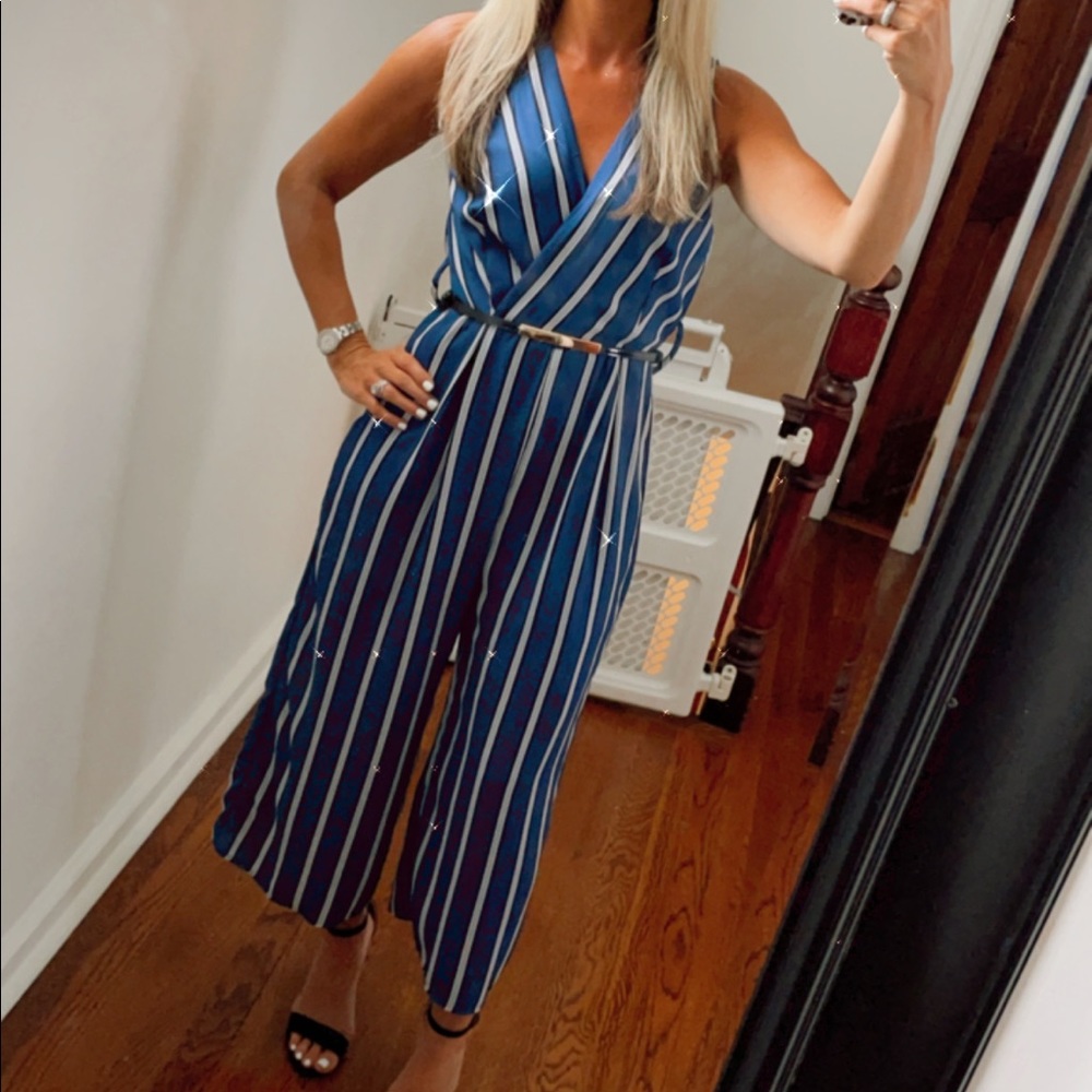 Blue white and navy blue striped jumpsuit.